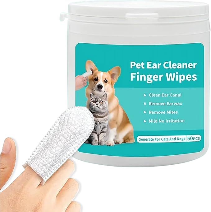 Ear Wipes for Dogs &amp; Cats - Comfortable Finger Design, Gentle Ear Wax, Debris, and Dirt Cleaning | 50-Count Pack