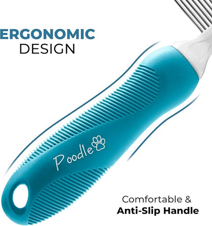 Poodle Grooming Comb - Metal Dematting Comb with Long &amp; Short Stainless Steel Teeth for Removing Matted Hair &amp; Knots, Safe and Gentle for Dogs &amp; Cats