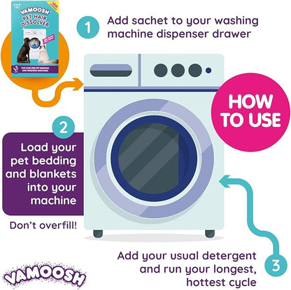Vamoosh Pet Hair Dissolver | No Harmful Chemicals | Safe for Pets | Patented Pet Hair Dissolving Formula | Removes Odor | Dissolves Dog, Cat &amp; Animal Fur | Easy to Use | 3 Sachets (Pack of 2)
