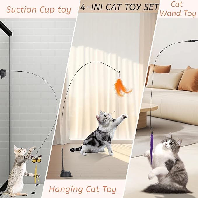 Suction Cup Cat Toys,Interactive Cat Wand with 15Pcs (Feather, Mouse, Butterfly, Worm),Durable Cats Fishing Pole Toy for Indoor Kittens,Fun Stick Toy for Exercise&amp;Play