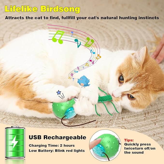 Interactive Cat Toys for Indoor Cats, Moving Cat Ball with Tail, Fast Rolling on Carpet, Chirping &amp; Motion Activate Toy for Bored Indoor Adult Cats