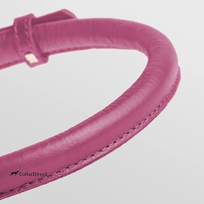 CollarDirect Rolled Leather Dog Collar, Soft Padded Round Puppy Collar, Handmade Genuine Leather Collar Dog Small Large Cat Collars 13 Colors (6-7 Inch, Pink Textured)