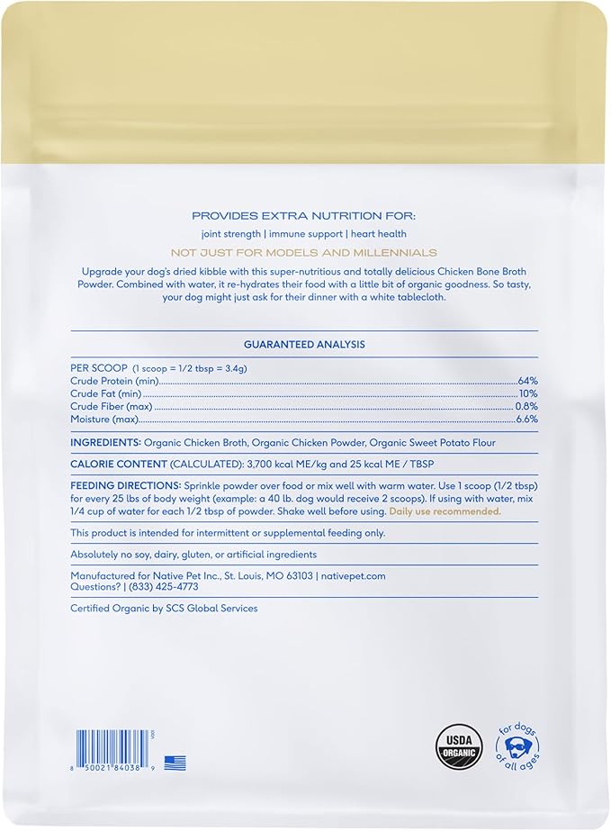 Native Pet Bone Broth for Dogs and Cats - Chicken Bone Broth Powder Dog Food Toppers for Picky Eaters - Provides Extra Nutrition for Joint Strength, Immune Support &amp; Heart Health - 192 Scoops