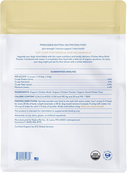Native Pet Bone Broth for Dogs and Cats - Chicken Bone Broth Powder Dog Food Toppers for Picky Eaters - Provides Extra Nutrition for Joint Strength, Immune Support &amp; Heart Health - 192 Scoops