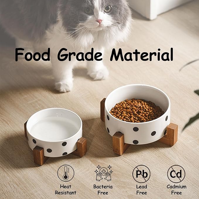 Petygooing Ceramic Dog Bowl Set with Stand, Small Pet Bowls, Anti-Slip Cat &amp; Dog Food and Water Bowl Set (13.5OZ/5.1 in) Black Dot