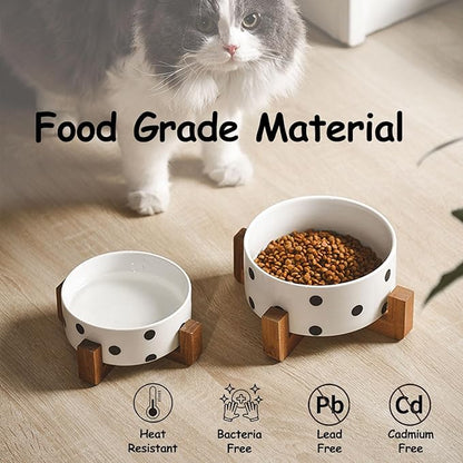 Petygooing Ceramic Dog Bowl Set with Stand, Small Pet Bowls, Anti-Slip Cat &amp; Dog Food and Water Bowl Set (13.5OZ/5.1 in) Black Dot