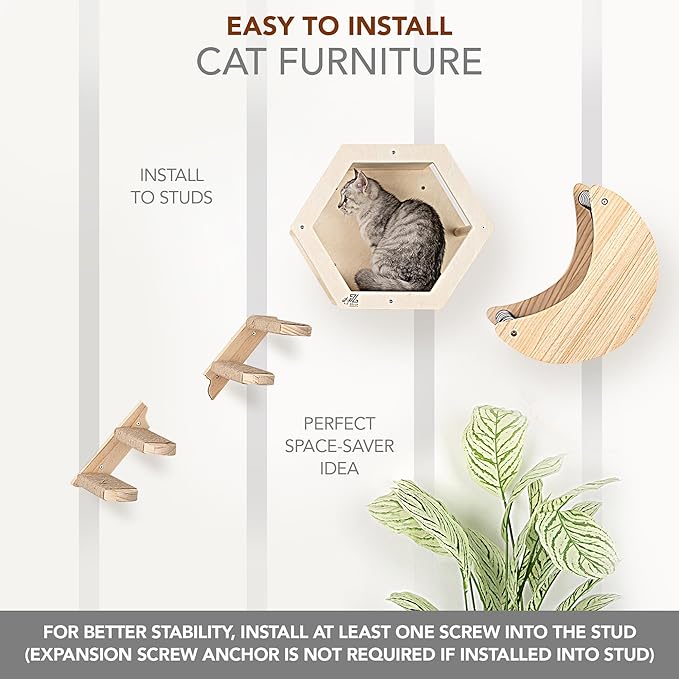 3-Piece Cat Wall Furniture Set - Hammock, Hexagon House, Climbing Steps - Wall Mounted Shelves, Perches, and Beds - Modern Design for Large Cats and Kittens &amp; Spare Hammock Fabric Included