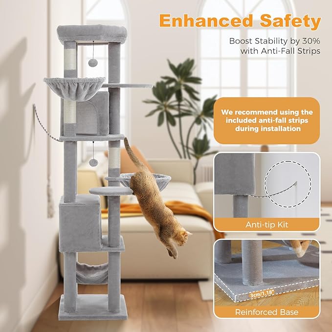 71.2" Tall Cat Tree for Indoor Cats - 9-Level Multi-Cat Tower w/5 Sisal Scratching Posts, 2 Condos, 3 Hammocks, Perch &amp; Pom Poms - Heavy-Duty for Adult Cats, Space-Saving Plush Gray