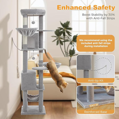 71.2" Tall Cat Tree for Indoor Cats - 9-Level Multi-Cat Tower w/5 Sisal Scratching Posts, 2 Condos, 3 Hammocks, Perch &amp; Pom Poms - Heavy-Duty for Adult Cats, Space-Saving Plush Gray