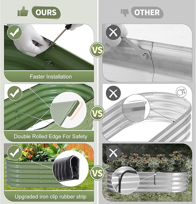 Galvanized Raised Garden Bed - 4x2x1.4FT Metal Planter Boxes Outdoor | Oval Steel Raised Bed Kit for Gardening with Protective Tape, Gloves for Vegetables, Flower, Herb (Green)