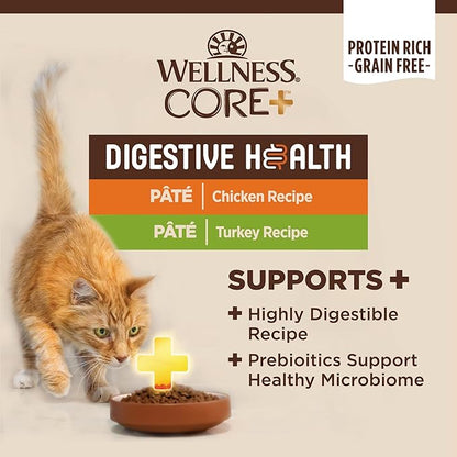 Wellness CORE+ Digestive Health Pate Adult Wet Cat Food, Natural, Protein-Rich, Grain Free, 3 Ounce, 12 Pack (Chicken &amp; Turkey Variety Pack)