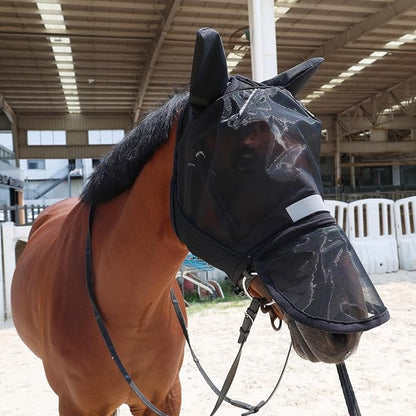 Luminous Horse Fly Mask with Long Nose, Ears, Full Face &amp; Eye Protection - Full Mesh, Detachable Nose Cover, Fleece Padded Edging, Hook-and-Loop Straps with Webbing, Hanging Straps Black