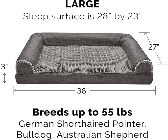 Furhaven Cooling Gel Dog Bed for Large/Medium Dogs w/ Removable Bolsters &amp; Washable Cover, For Dogs Up to 55 lbs - Luxe Faux Fur &amp; Performance Linen Sofa - Charcoal, Large