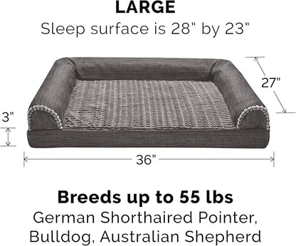 Furhaven Cooling Gel Dog Bed for Large/Medium Dogs w/ Removable Bolsters &amp; Washable Cover, For Dogs Up to 55 lbs - Luxe Faux Fur &amp; Performance Linen Sofa - Charcoal, Large