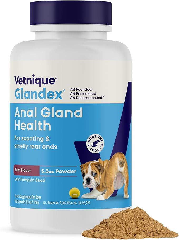 Glandex Dog Fiber Supplement Powder for Anal Glands with Pumpkin, Digestive Enzymes &amp; Probiotics - Vet Recommended (Regular or Advanced Strength) - Boot The Scoot (5.5oz Powder, Beef Liver)