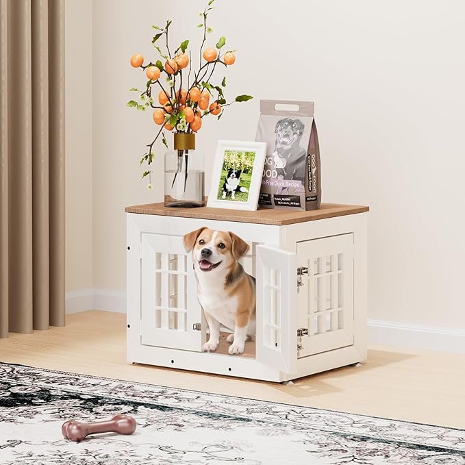 26" Heavy Duty Dog Crate Furniture for Small,Medium and Large Dogs,Rustic Wooden Dog Cage Kennel Indoor Furniture with Waterproof Top,Decorative Pet House Side End Table (White &amp; Wood)