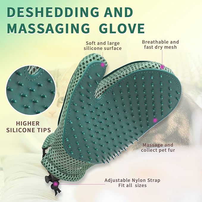 2 in 1 Pet Fur Glove &amp; Cat Hair Remover Glove, Dog Grooming Glove Brush for Shedding, Massage, Efficient Pet Hair Remover Mitt for Uproot Cleaner Clothes, Couch, Carpet [Blue/Pair]