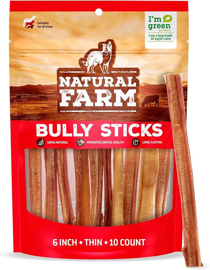 Natural Farm Odor-Free Thin Bully Sticks (6”, 10-Pack) All-Natural Long-Lasting Dog Chews, 100% Beef Pizzle, Grass-Fed, Grain-Free, Protein for Muscle Development &amp; Energy, Perfect for Medium Chewers