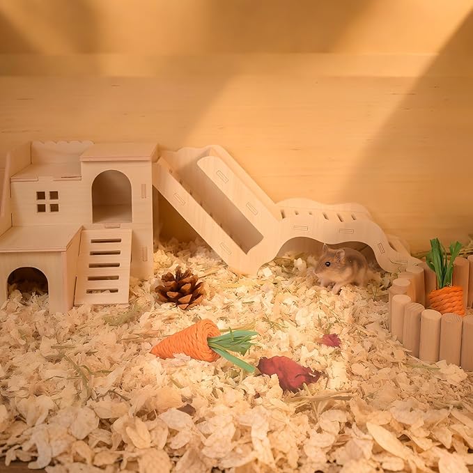 Multi-Chamber Hamster Hideout &amp; House, Natural Wood Small Animal Cage Accessories for Dwarf Hamsters, Gerbils and Mice – Ventilated Design with Structure