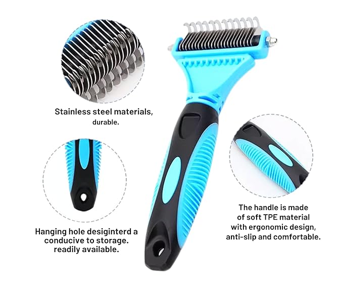 3-in 1 Dog &amp; Cat Grooming Supplies- Self-cleaning Slicker Brush, Deshedding Rake Comb, And Finger Toothbrush For Dogs &amp; Cats | Perfect For Pet Grooming Kit, Dematting And Dental Tool (blue)