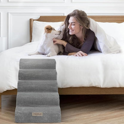 Dog Stairs for High Beds Up to 26-30", 5-Step Foam Pet Ramp with Washable Cover, Gentle Slope Steps, Bed &amp; Couch Ladder for Small Medium Dogs &amp; Senior Cat, Puppy Stairs to Get on Tall Furniture