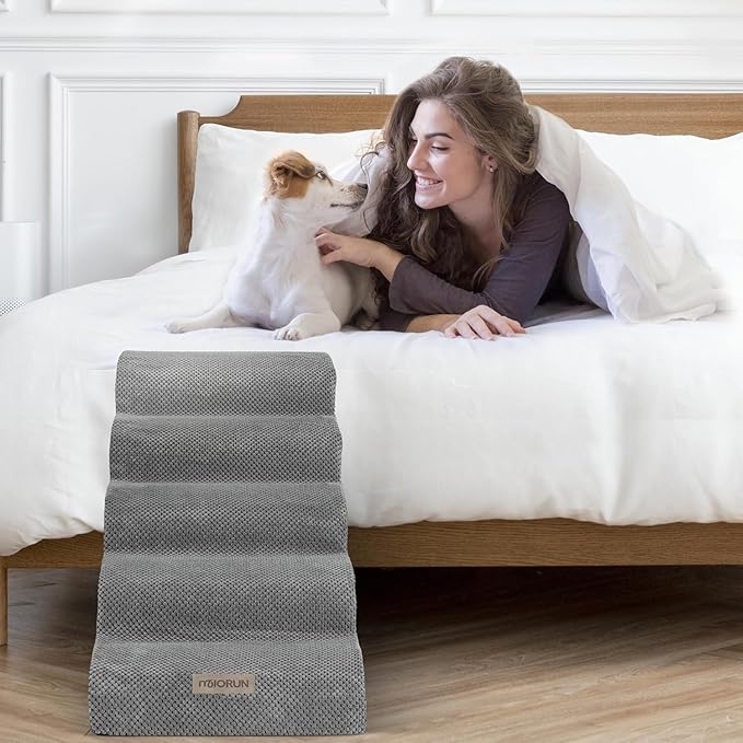 Dog Stairs for High Beds, Extra Tall 24.5" 5-Step Pet Steps for Medium &amp; Small Dogs, Foam Ramp for Tall Couch &amp; Bed, Washable Cover - Dog Steps for Bed