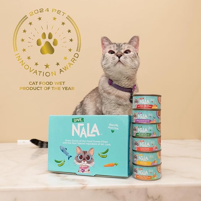 LOVE, NALA - Natural Adult Cat Wet Food - FLAKED Variety Pack - Salmon, Tuna, Chicken - Grain Free, Non-GMO, Lean Protein, Omega 3, Digestive Fiber Blend, Added Minerals &amp; Vitamins - 12 Pack