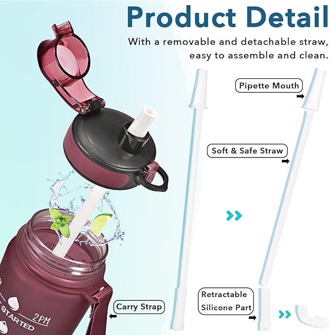 Enerbone Water Bottle, Leakproof BPA &amp; Toxic Free, Motivational Water Bottle with Times to Drink and Straw, Fitness Sports Water Bottle with Strap for Office, Gym, Outdoor Sports