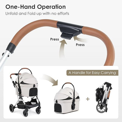 T6 Luxury Pet Stroller for Medium Dogs Up to 66lbs or 2 Small Pets – 3-in-1 Dog &amp; Cat Stroller with Removable Carrier, Foldable &amp; Lightweight (Beige)