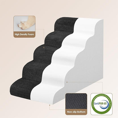 EHEYCIGA Curved Dog Stairs Ramp for High Beds, 5-Step Extra Wide Dog Steps for Small Dogs and Cats, Pet Stairs for High Bed Climbing, Non-Slip Balanced Pet Step Indoor, Black