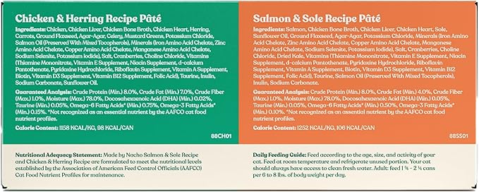 Made by Nacho Pate Wet Cat Food Variety Pack, Chicken &amp; Herring and Salmon &amp; Sole, 3 Ounce Cans, Grain-Free Canned Pet Food, Bone Broth Infused for Hydration, 12 Pack