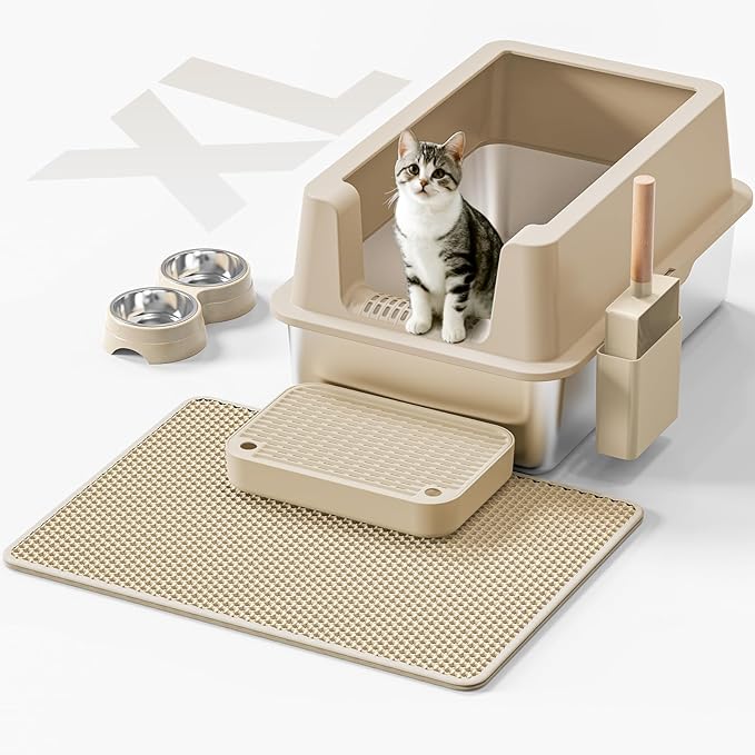 Stainless Steel Cat Litter Box - Enclosed XL Metal Kitty Litter Box with Lid for Big Cats, High Sided, Anti-Leakage, Easy Cleaning, Non-Sticky, Included Spoon &amp; Aisle (Khaki)
