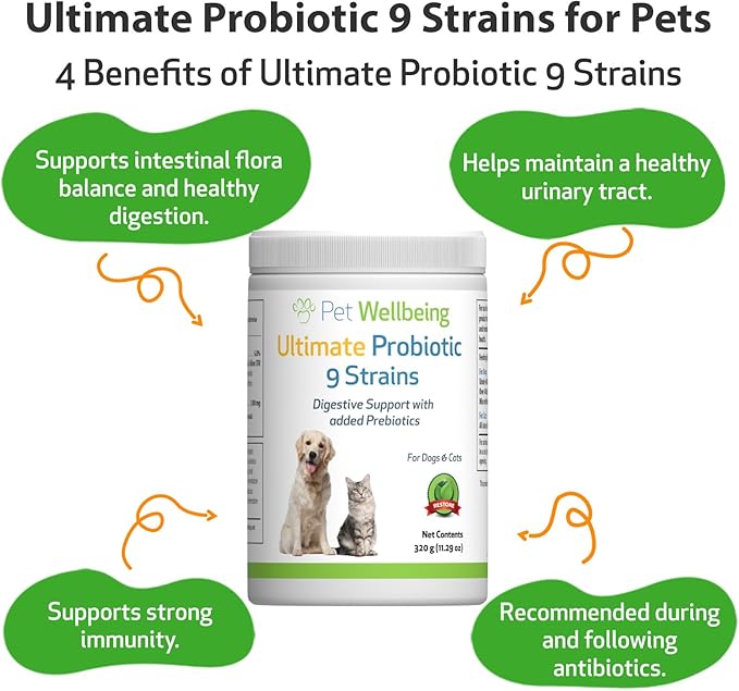 Pet Wellbeing Ultimate Probiotic 9 Strains for Dogs &amp; Cats - Supports The Gut Microbiome and Digestion, Immune System Care, Urinary Tract Health, FOS, 2.5 Billion CFU - 11.29 oz (320 g) Powder