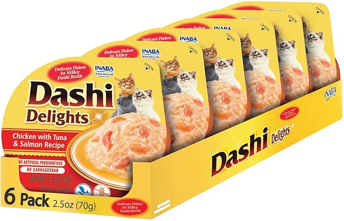 INABA Dashi Delights for Cats, 2.5 Ounce Cup, 6 Cups Total, Chicken with Tuna &amp; Salmon Recipe