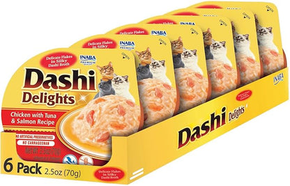 INABA Dashi Delights for Cats, 2.5 Ounce Cup, 6 Cups Total, Chicken with Tuna &amp; Salmon Recipe