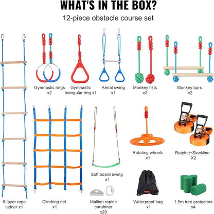 VEVOR Ninja Warrior Obstacle Course for Kids, 2 x 50 ft Weatherproof Slacklines, 500lbs Weight Capacity Monkey Line, Outdoor Playset Equipment, Backyard Toys Training Equipment Set with 12 Obstacles