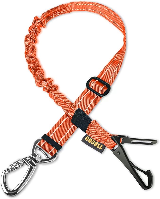 AUBELL Dog Seat Belt for Car,Updated 3-in-1 Adjustable Reflective Bungee Heavy Duty Dog Car Harness Tether with Clip Hook Latch &amp; Buckle,Swivel Zinc Alloy Carabiner,Orange