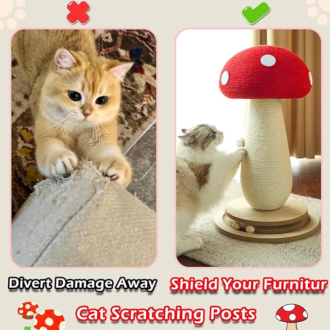 Cat Scratching Post Mushroom Cat Tree with Natural Sisal, Weighted Base &amp; Interactive Ball - for Kittens to Adult Cats - Perfect for Indoor Cats (Red, Large 21 in, 7)