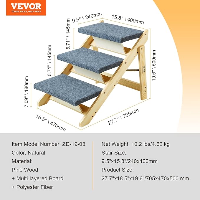VEVOR Wood Pet Stairs/Pet Steps, 2-in-1 Foldable Wooden Dog Stair for Beds, Sofa and Cars, Dog Stairs &amp; Ramp with 3 Steps for Small Medium Large Pet, up to 150 lbs