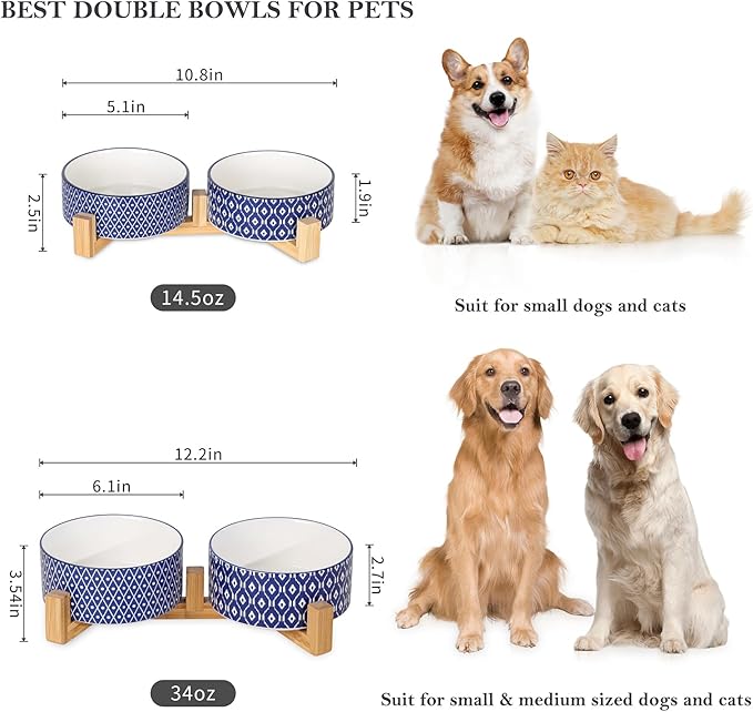 Selamica Ceramic 14 OZ Dog Bowls with Wooden Stand, Anti-Slip Dog Dishes Set for Cats &amp; Small Dogs, Weighted Pet Bowls Set of 2, Vintage Blue
