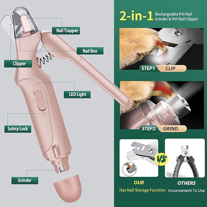Dog Nail Clippers &amp; Cat Nail Clipper with Catcher, 2 in 1 Dog Nail Trimmers &amp; Grinder with Light for Large Small Dogs Cats,Silent Groom Pro Claw Trimmer, Rechargeable Dogs Nails Grinder Quiet