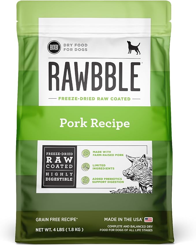 BIXBI Rawbble Dry Dog Food, Pork, 4 lbs - USA Made with Fresh Meat - No Meat Meal &amp; No Corn, Soy or Wheat - Freeze Dried Raw Coated Dog Food - Minimally Processed for Superior Digestibility