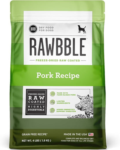 BIXBI Rawbble Dry Dog Food, Pork, 4 lbs - USA Made with Fresh Meat - No Meat Meal &amp; No Corn, Soy or Wheat - Freeze Dried Raw Coated Dog Food - Minimally Processed for Superior Digestibility