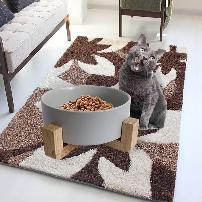 Ceramic Dog Cat Bowl with Wood Stand,Cat Food &amp; Water Bowls Elevated Non-Spill Modern Cute Kitty Dishes Heavy Weighted Round Pet Dishes Set for Small Kitten Grown Cat(Grey)
