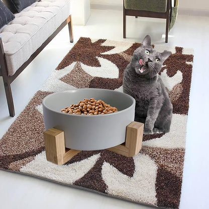 Ceramic Dog Cat Bowl with Wood Stand,Cat Food &amp; Water Bowls Elevated Non-Spill Modern Cute Kitty Dishes Heavy Weighted Round Pet Dishes Set for Small Kitten Grown Cat(Grey)