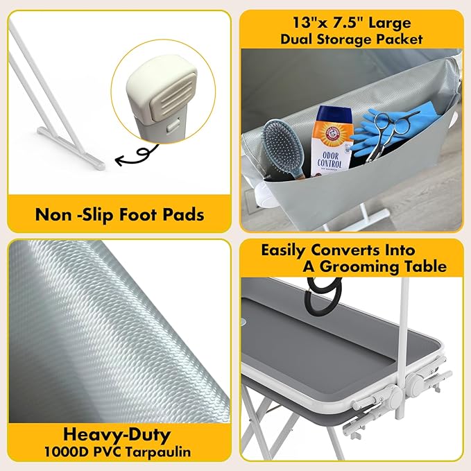 PAWZIDEA 2-in-1 Portable Dog Bathtub &amp; Grooming Table, 33" Foldable Pet Washing Station for Small Medium Dogs Cats, Elevated Tubs for Bathing Shower Indoor Outdoor, 5 Height Adjustable, Storage Pocket