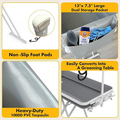 PAWZIDEA 2-in-1 Portable Dog Bathtub &amp; Grooming Table, 33" Foldable Pet Washing Station for Small Medium Dogs Cats, Elevated Tubs for Bathing Shower Indoor Outdoor, 5 Height Adjustable, Storage Pocket