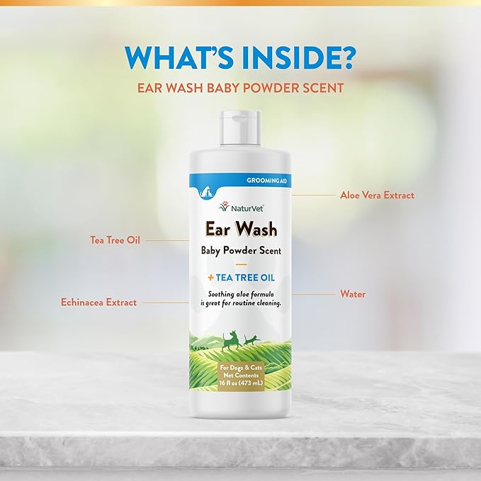 NaturVet Ear Wash Liquid Supplement for Dogs &amp; Cats – Pet Health Supplement Cleans Dog, Cat Ear Canals – Includes Aloe, Tea Tree Oil – Helps Remove Pet Ear Wax, Dirt, Debris – 16 Oz.