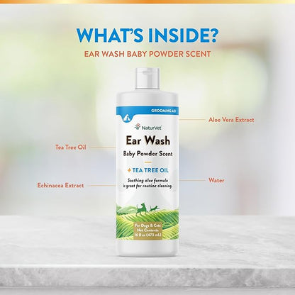 NaturVet Ear Wash Liquid Supplement for Dogs &amp; Cats – Pet Health Supplement Cleans Dog, Cat Ear Canals – Includes Aloe, Tea Tree Oil – Helps Remove Pet Ear Wax, Dirt, Debris – 16 Oz.