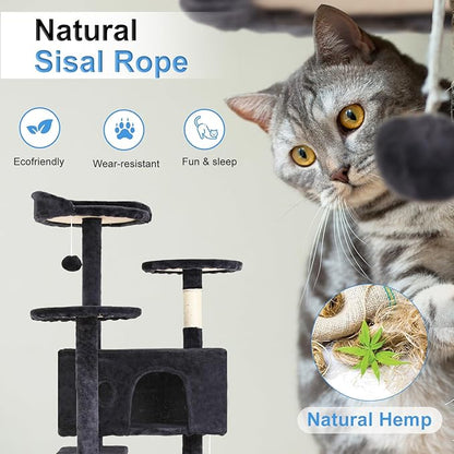 FDW Cat Tree 54in Cat Tower Multi-Level Durable Cat Scratching Post &amp; Cozy Fun Cat Jumping Platform Space Saving Cat Condo Pet Play House for Indoor Cats,Dark Gray